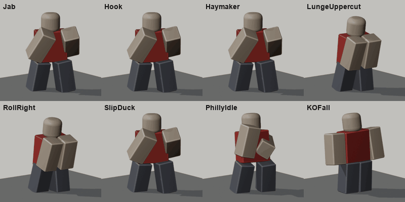 Eight of my boxing animations looping: jab, hook, haymaker, lunge uppercut, roll, duck, Philly Shell idle, and knockout