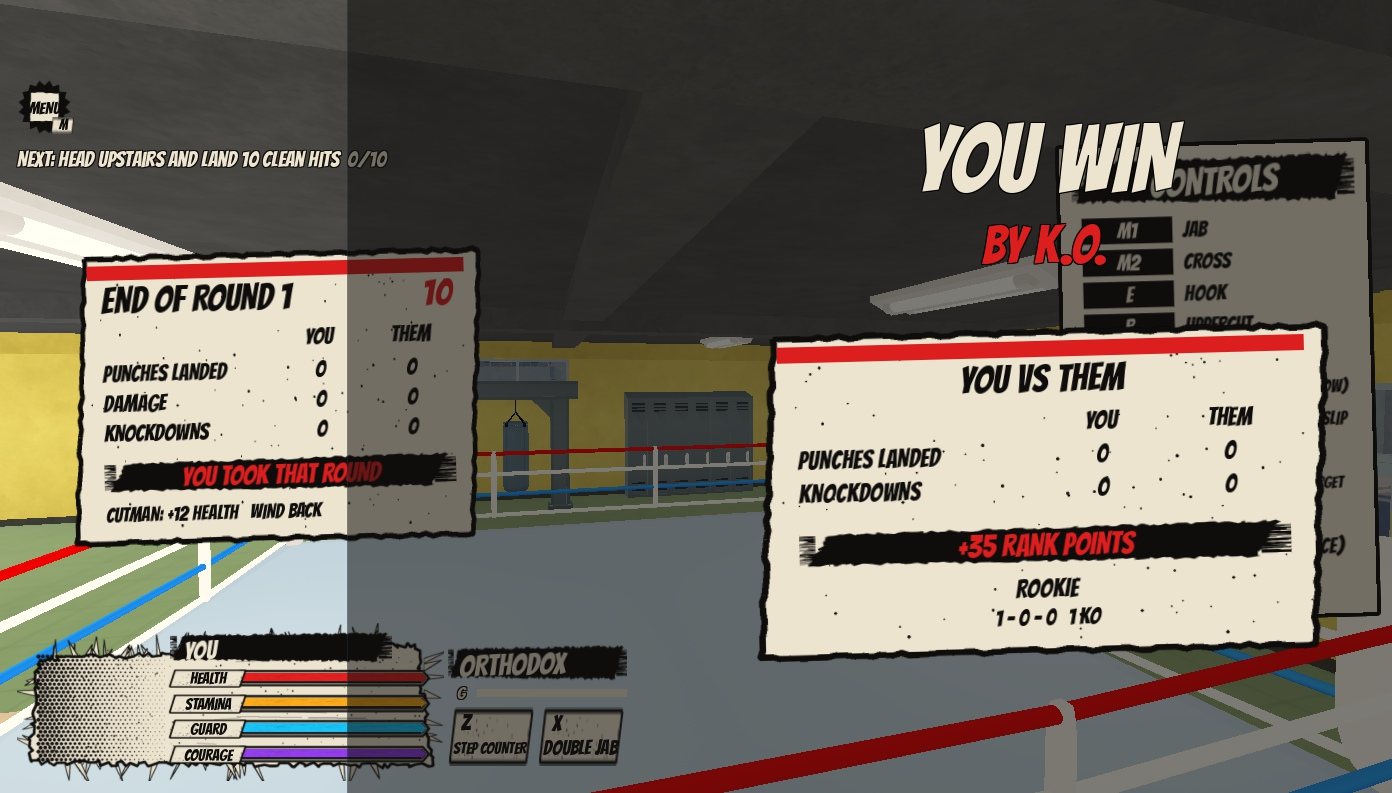 Second Wind Boxing: Result screen after a KO